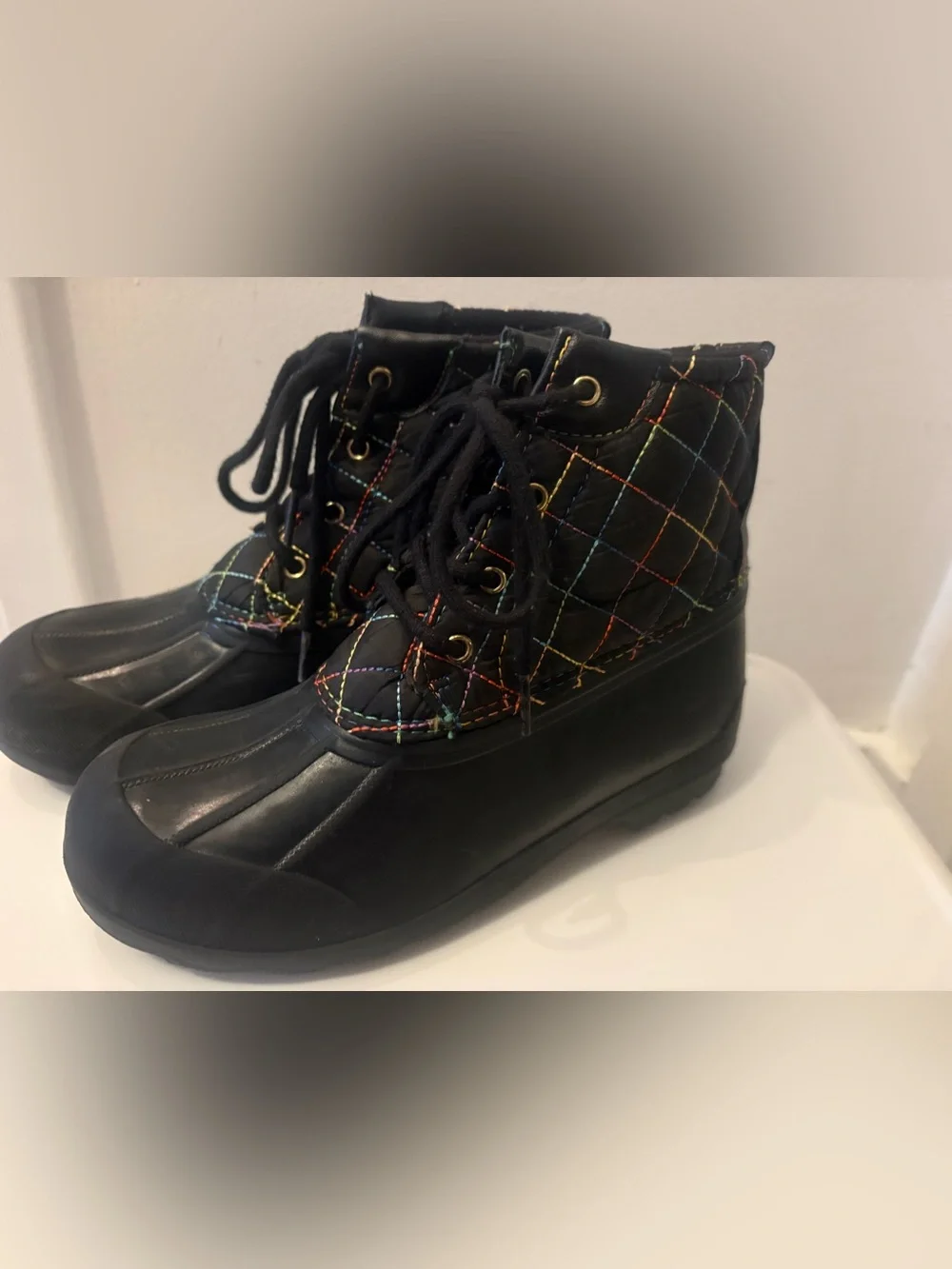 Sperry Kids Black Quilted Duck Boots with Multicolor Stitching, US Size 4M